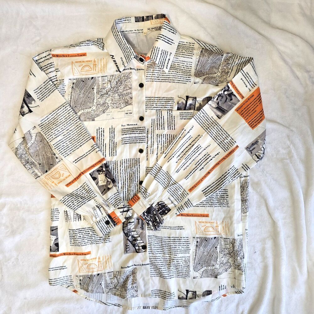 Artistic Style Newspaper Print Long Sleeve Button Up Shirt Women's Size Large